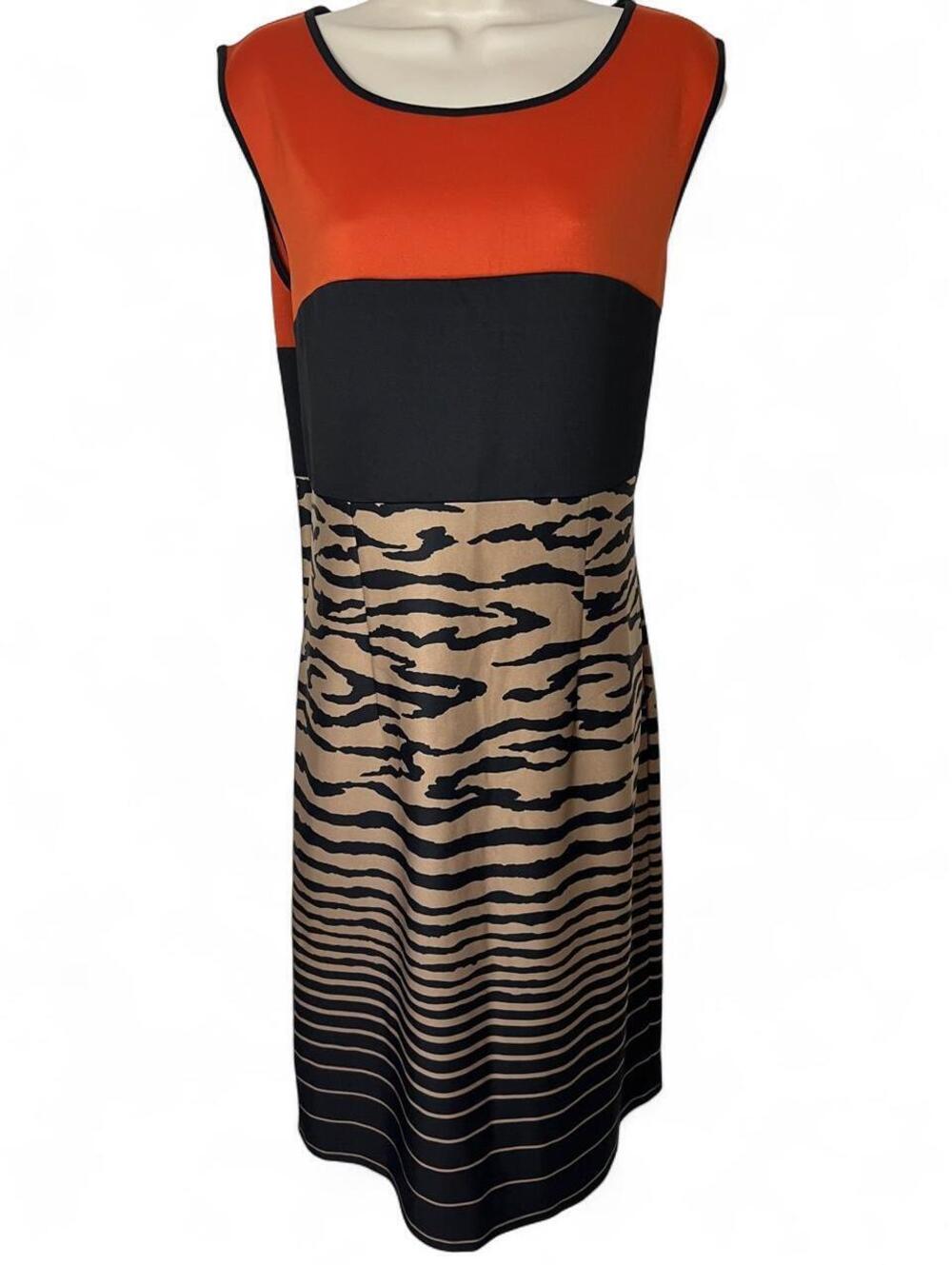 Ashley Stewart Dress Womens 16W Orange Black Tiger Print Sheath Colorblock Midi